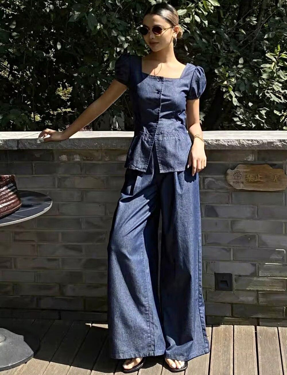 DAZY Women’s Blue Denim 2-Piece Set SquareNeck Short Sleeve Top WideLeg Pants-XL